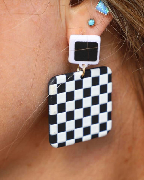 Black + White Square Checkered Post Earrings - The Lace Cactus