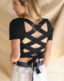 Black Short Sleeve Criss Cross Back Top - The Lace Cactus