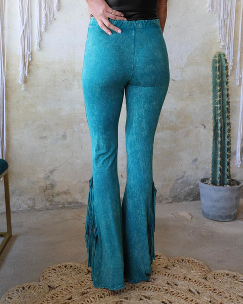 Turquoise Mineral Wash Fringe Pants - The Lace Cactus
