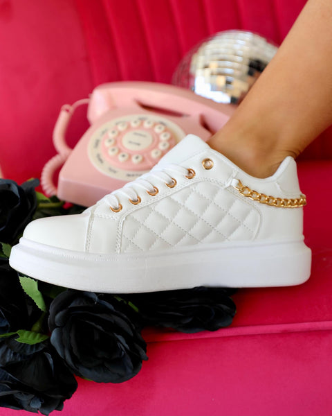 White Quilted Gold Chain Sneakers - The Lace Cactus