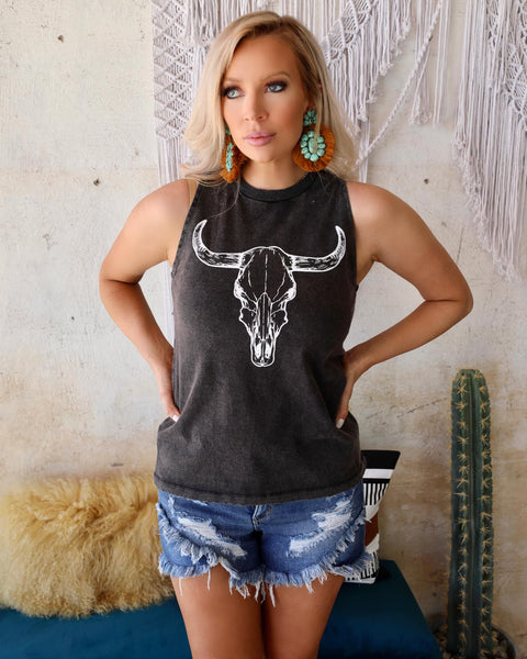 Black Washed Steer Graphic Tank - The Lace Cactus
