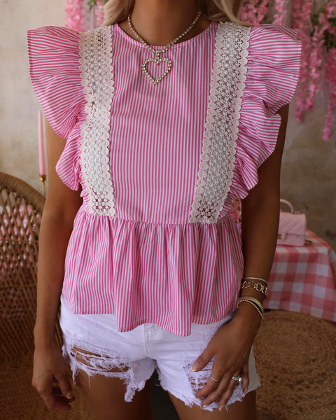 Poppy Pink and White Striped Ruffle Sleeve Top - The Lace Cactus