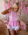 Poppy Pink and White Striped Ruffle Sleeve Top - The Lace Cactus