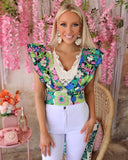 Blue and Green Floral V-Neck Top - The Lace Cactus