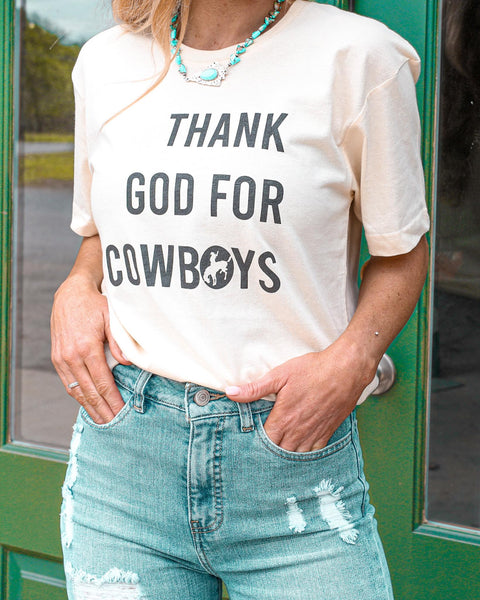 Cream "Thank God for Cowboys" Graphic Tee - The Lace Cactus