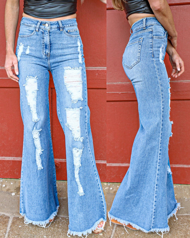 Distressed Denim Bell Bottom Jeans