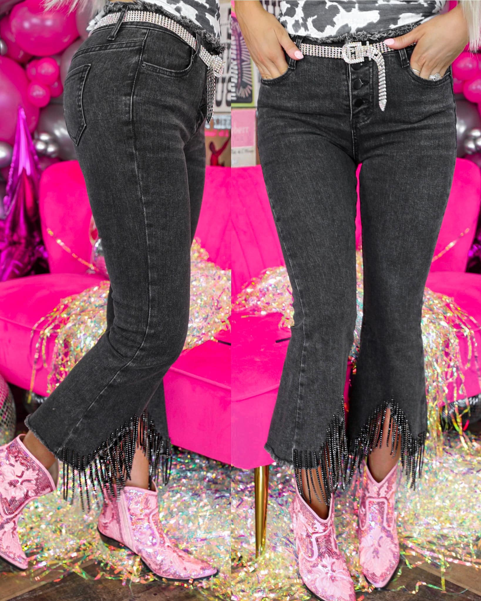 Charcoal Rhinestone Fringe Hem Jeans - The Lace Cactus