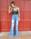 Medium Wash High Rise Distressed Flare Jeans - The Lace Cactus