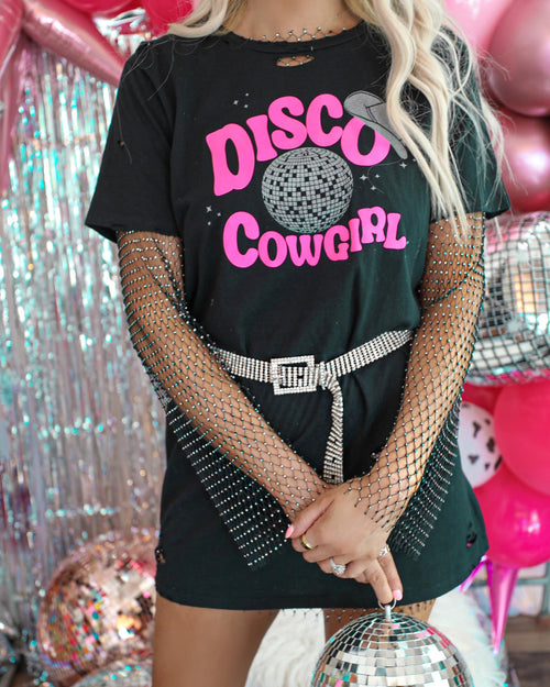 Black "Disco Cowgirl" Distressed Graphic Dress - The Lace Cactus