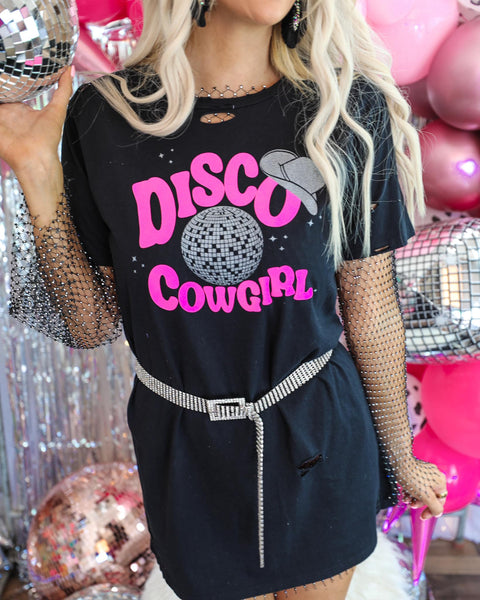 Black "Disco Cowgirl" Distressed Graphic Dress - The Lace Cactus