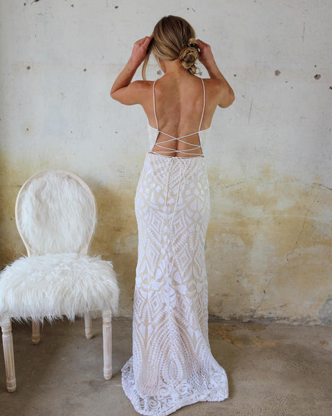 Veronica White High Neck Sequin Wedding Dress - The Lace Cactus