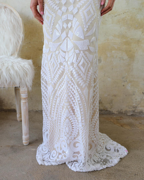 Veronica White High Neck Sequin Wedding Dress - The Lace Cactus