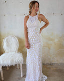 Veronica White High Neck Sequin Wedding Dress - The Lace Cactus