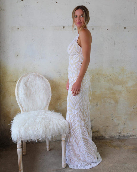 Veronica White High Neck Sequin Wedding Dress - The Lace Cactus