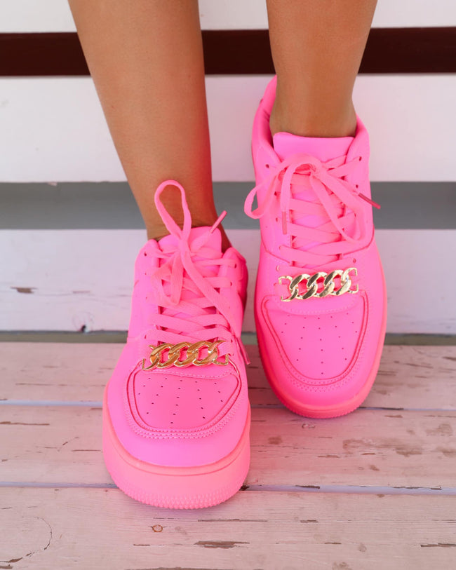 Neon Pink and Gold Chain Tennis Shoes - The Lace Cactus