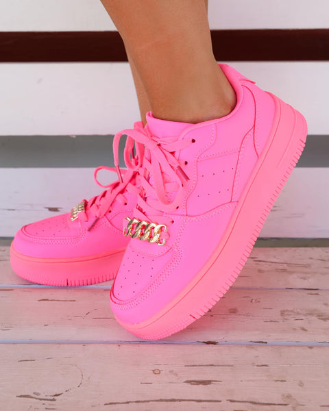 Neon Pink and Gold Chain Tennis Shoes - The Lace Cactus