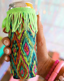 Slim Neon Green Fringe and Aztec Can Cooler - The Lace Cactus