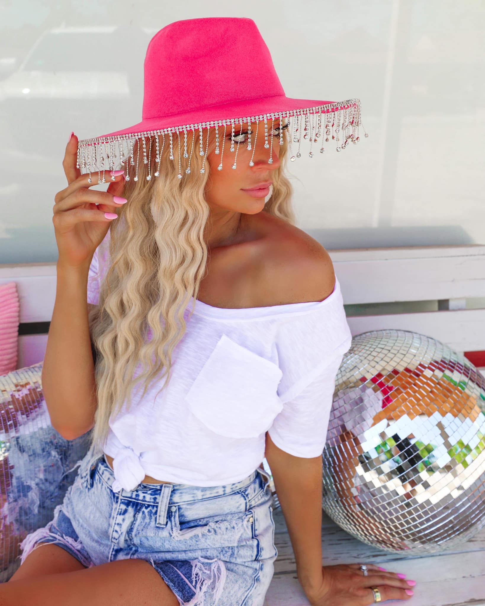 Hot Pink Rhinestone Fringe Cowboy Hat - The Lace Cactus