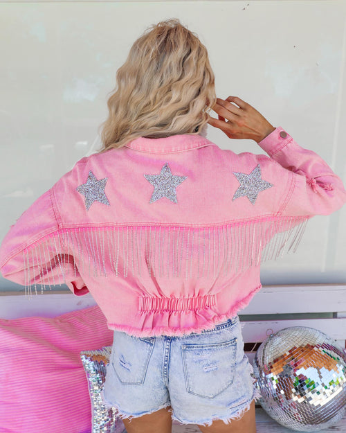 Gretchen Pink and Silver Star Detail Denim Jacket - The Lace Cactus