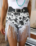 Black and White Cow Print Shorts with Fringe - The Lace Cactus