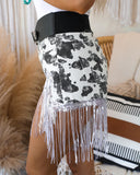 Black and White Cow Print Shorts with Fringe - The Lace Cactus