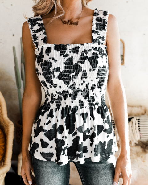 The Cassie Black and White Cow Print Tank - The Lace Cactus