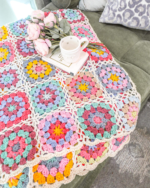 Granny Square Crochet Throw Blanket - Light Pink