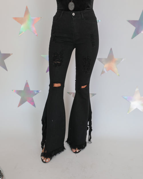 Black Shredded Flare Jeans - The Lace Cactus