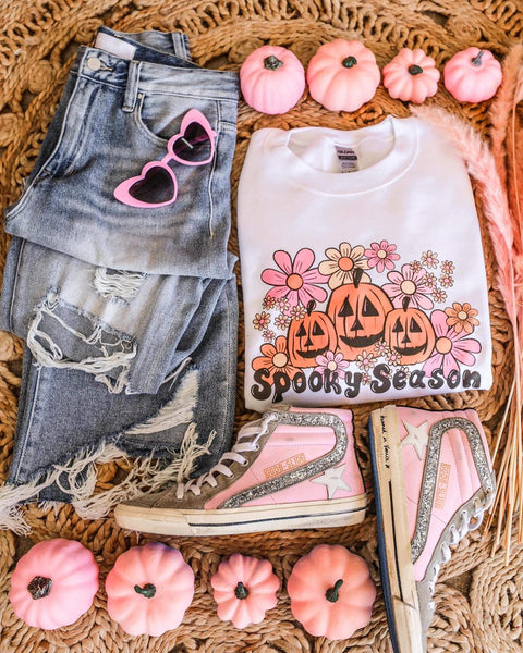 White "Spooky Season" Pumpkin Floral Graphic Sweatshirt - The Lace Cactus