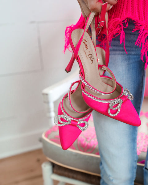 Divine Pink Rhinestone Bow Heels - The Lace Cactus