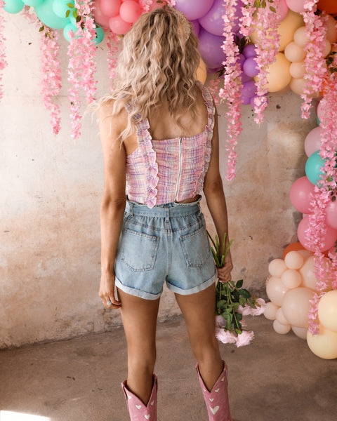 Pink Plaid Ruffle Strap Crop Top - The Lace Cactus