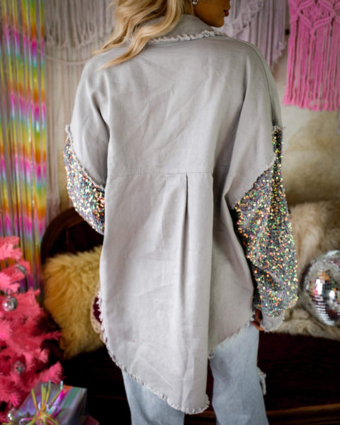 Gayle Grey Sequin Oversized Shacket - The Lace Cactus