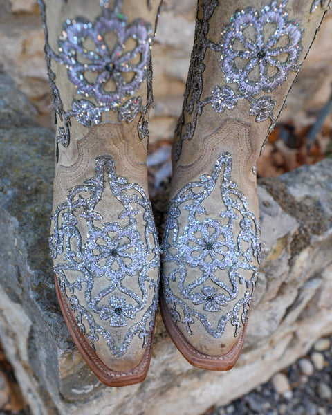Corral Bone Overlay and  Embroidery Floral Boots - The Lace Cactus