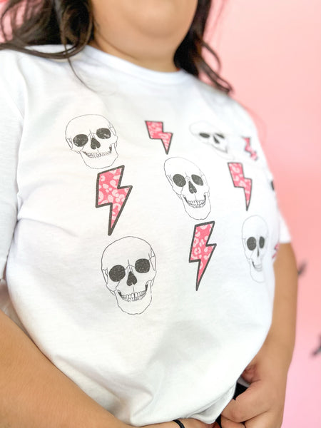 (PLUS) White "Skull and Leopard Lightning" Graphic Tee - The Lace Cactus