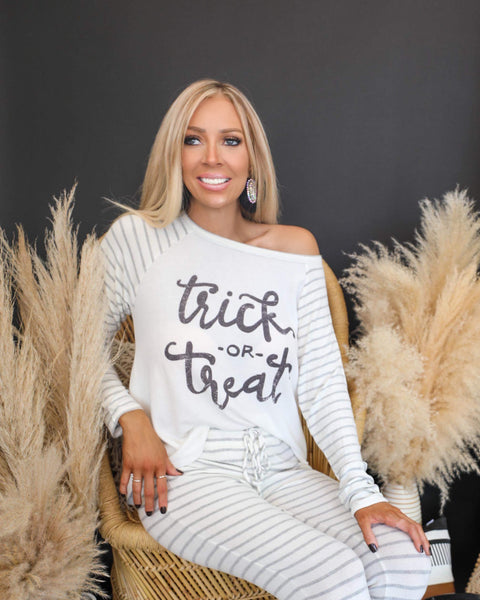 White and Grey "Trick-or-Treat" Lounge Wear Set - The Lace Cactus