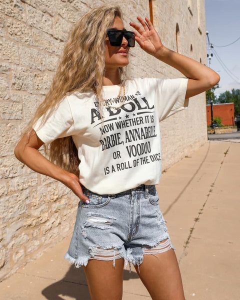 Heather Natural "Every Woman Is A Doll" Graphic Tee - The Lace Cactus