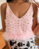 Seraphina Pink Geranium Feather and Pearl Tank Crop Top - The Lace Cactus
