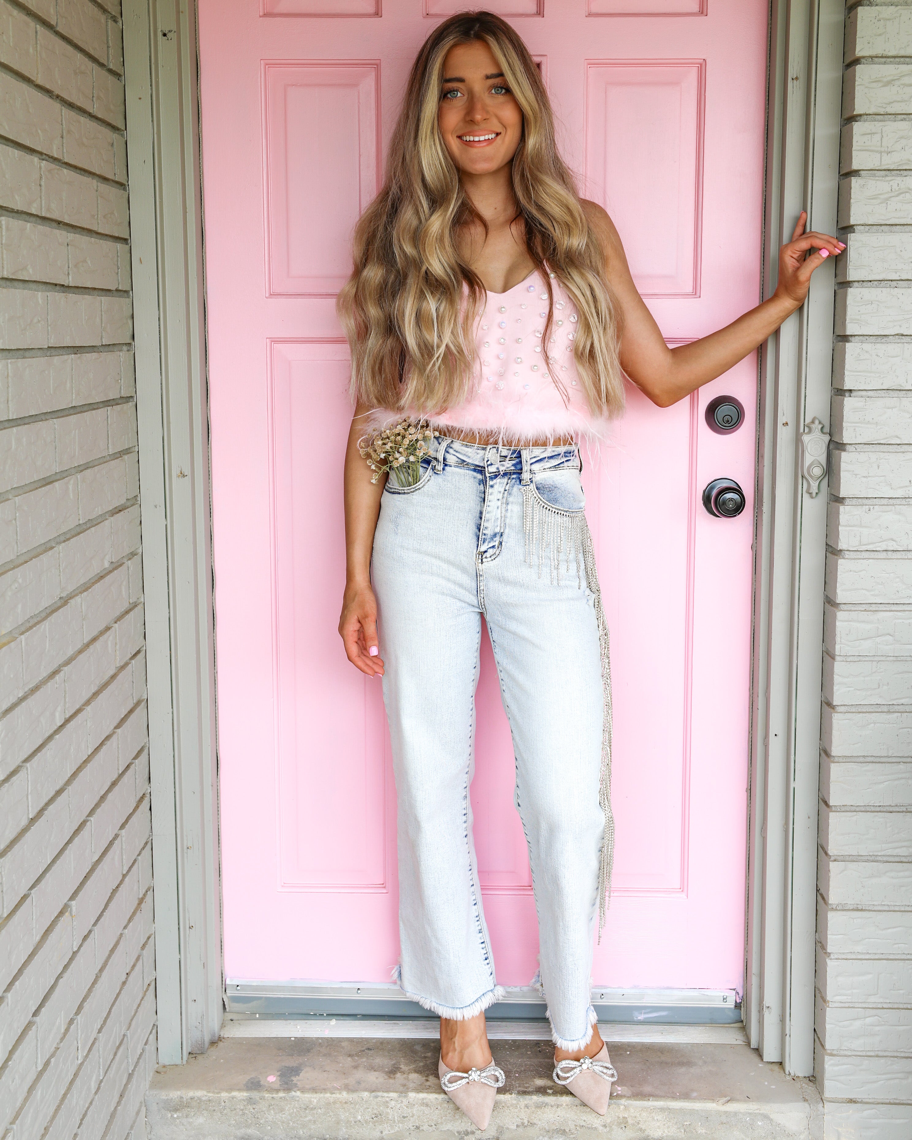 Lennon Light Wash Cropped Rhinestone Jeans - The Lace Cactus