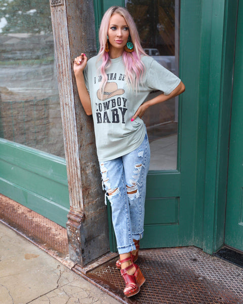 Pale Olive Oversized "I Wanna Be a Cowboy Baby" Graphic Tee - The Lace Cactus