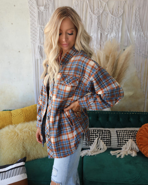 Devin Denim Blue and Rust Plaid Flannel Shacket - The Lace Cactus