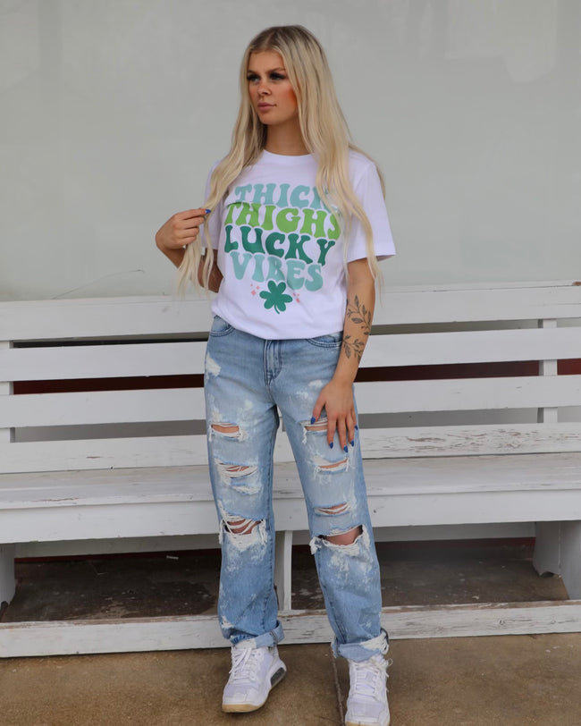 White "Lucky Vibes" Graphic Tee - The Lace Cactus