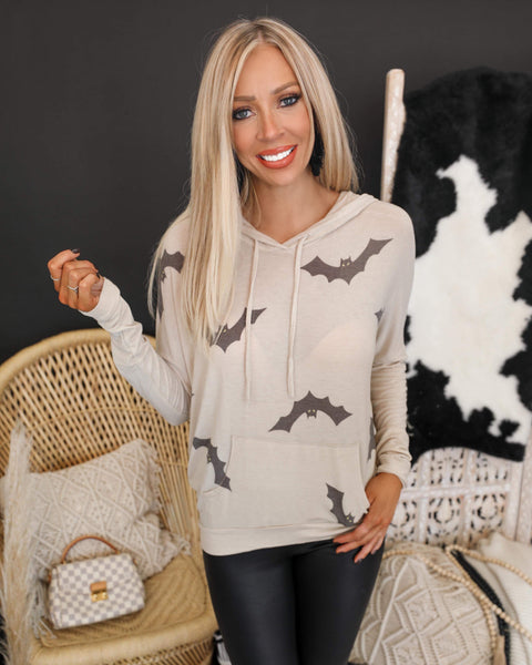 Taupe "Black Bat" Hoodie Top - The Lace Cactus