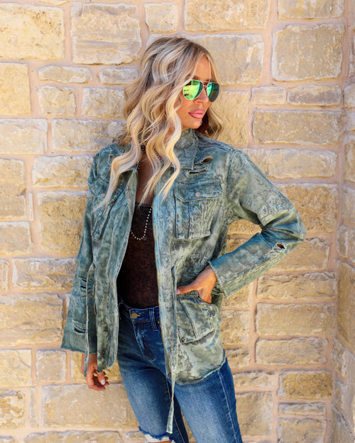 Pale Sage Distressed and Bleached Jacket - The Lace Cactus
