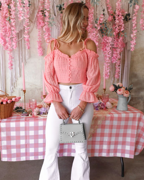 Sweet Pink Off Shoulder Button Down Crop Top - The Lace Cactus