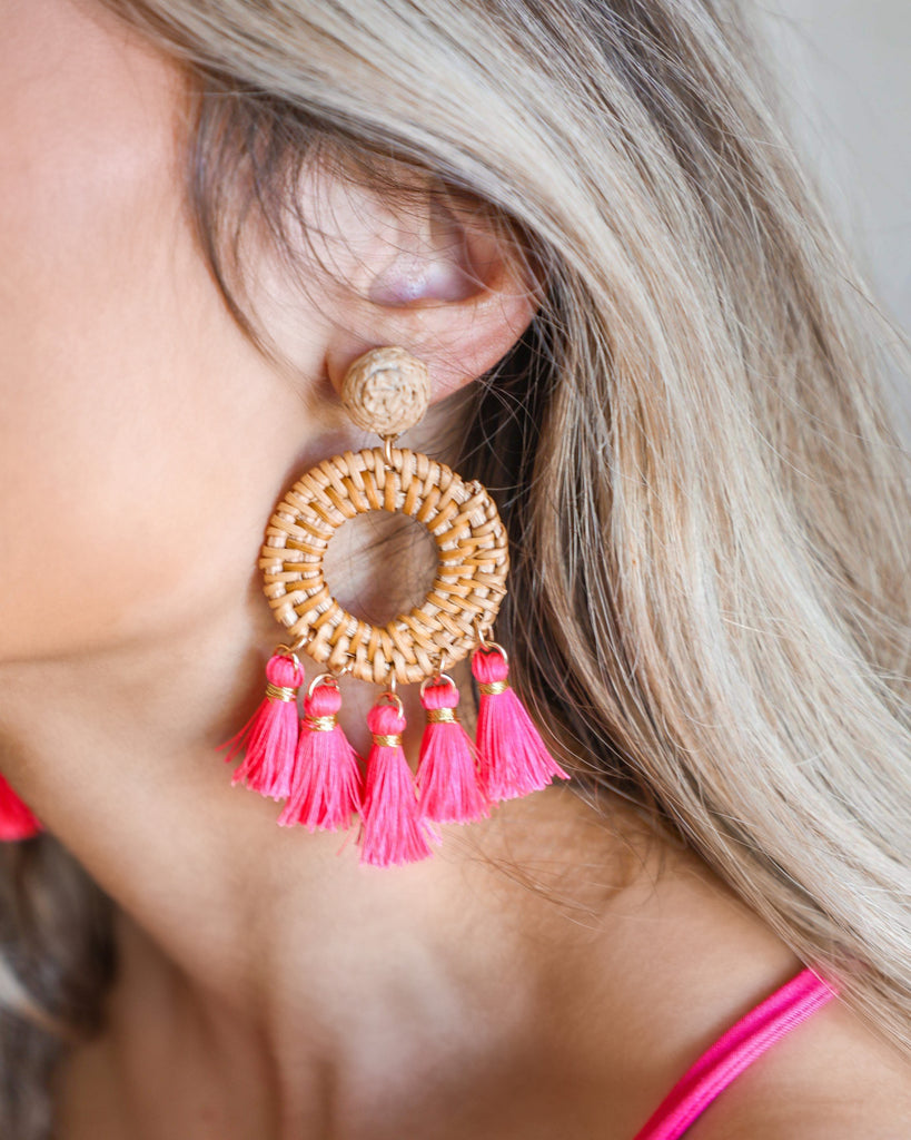 Neva Neon Pink Rattan Earrings The Lace Cactus