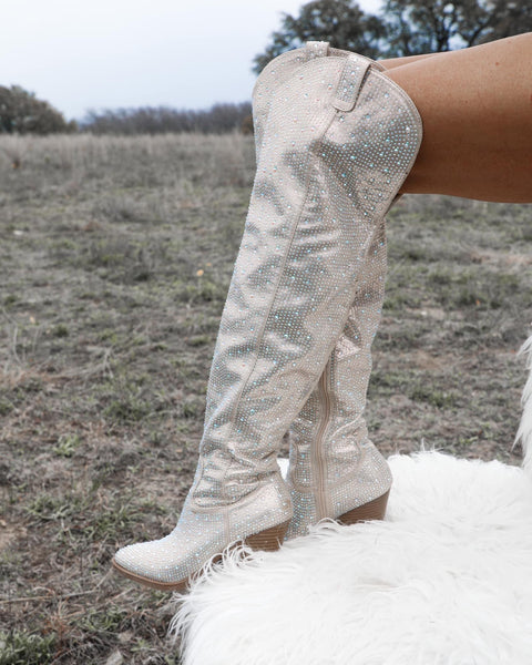 River Champagne Rhinestone Tall Boots - The Lace Cactus