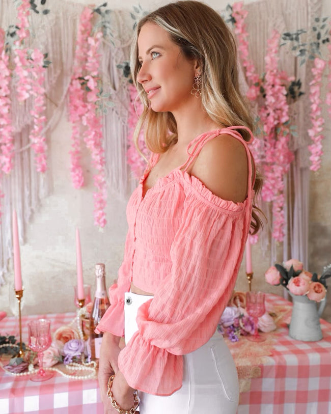 Sweet Pink Off Shoulder Button Down Crop Top - The Lace Cactus