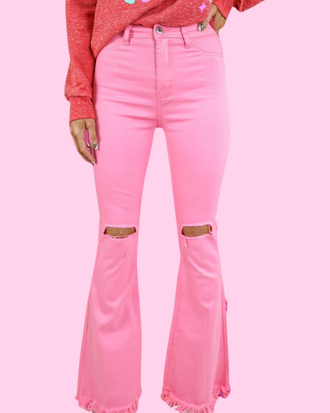 The Light Pink Frayed Hem Flares - The Lace Cactus