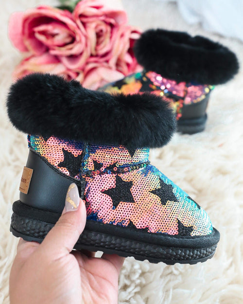 Bexley Black Sequin Furry Boots - The Lace Cactus