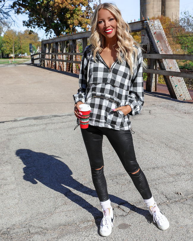 Black Buffalo Plaid Hooded Pullover - The Lace Cactus